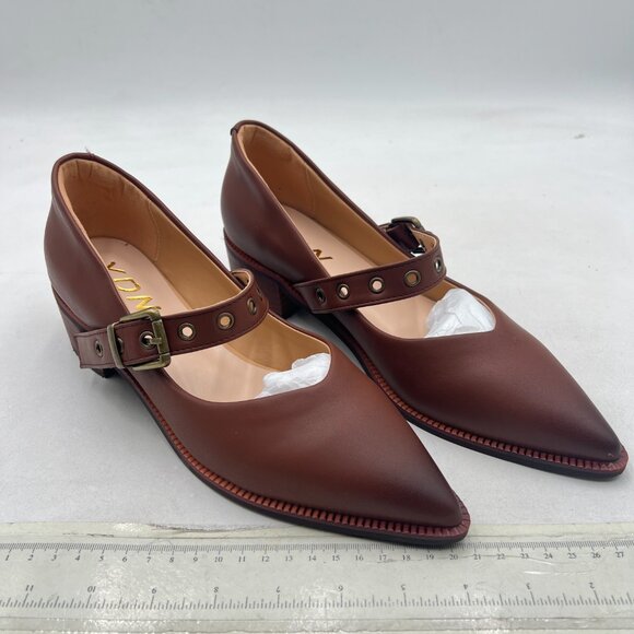 YDN Brown Ankle Strap Pumps Pointed Closed Toe Mary Jane Chunky Mid Heels Loafer - Picture 4 of 8